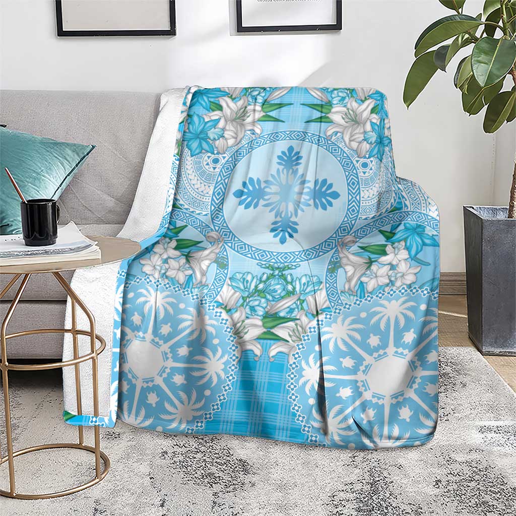 Hawaii Cyan Palaka Blanket With Tapa Pattern Tropical Flowers - Polynesian Pride