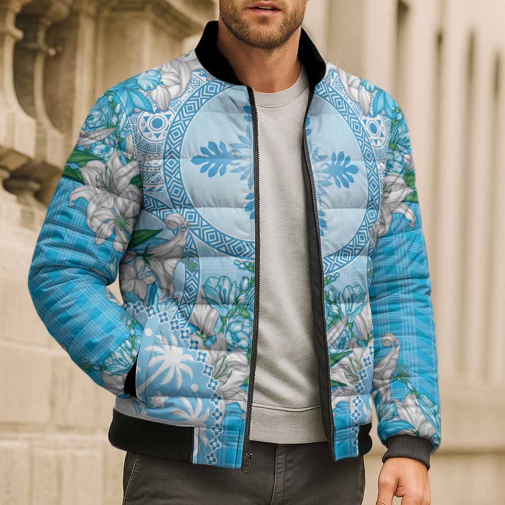 Hawaii Cyan Palaka Bomber Puffer Jacket With Tapa Pattern Tropical Flowers - Polynesian Pride