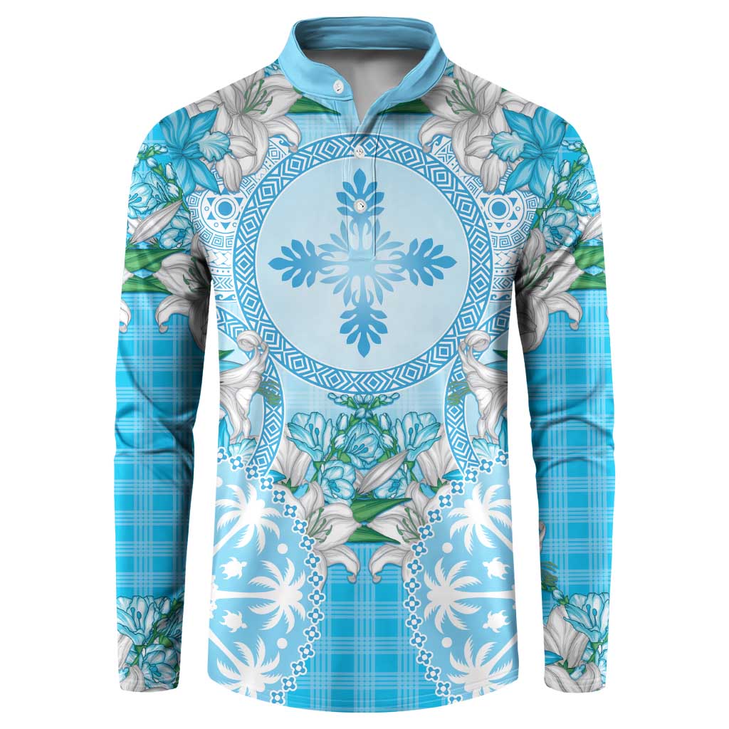 Hawaii Cyan Palaka Button Sweatshirt With Tapa Pattern Tropical Flowers LT05 Cyan - Polynesian Pride