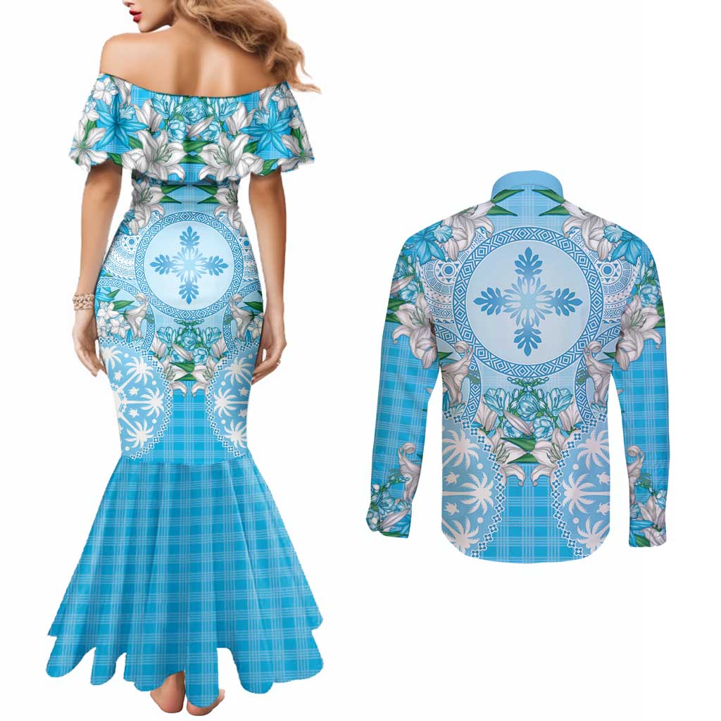 Hawaii Cyan Palaka Couples Matching Mermaid Dress and Long Sleeve Button Shirt With Tapa Pattern Tropical Flowers - Polynesian Pride