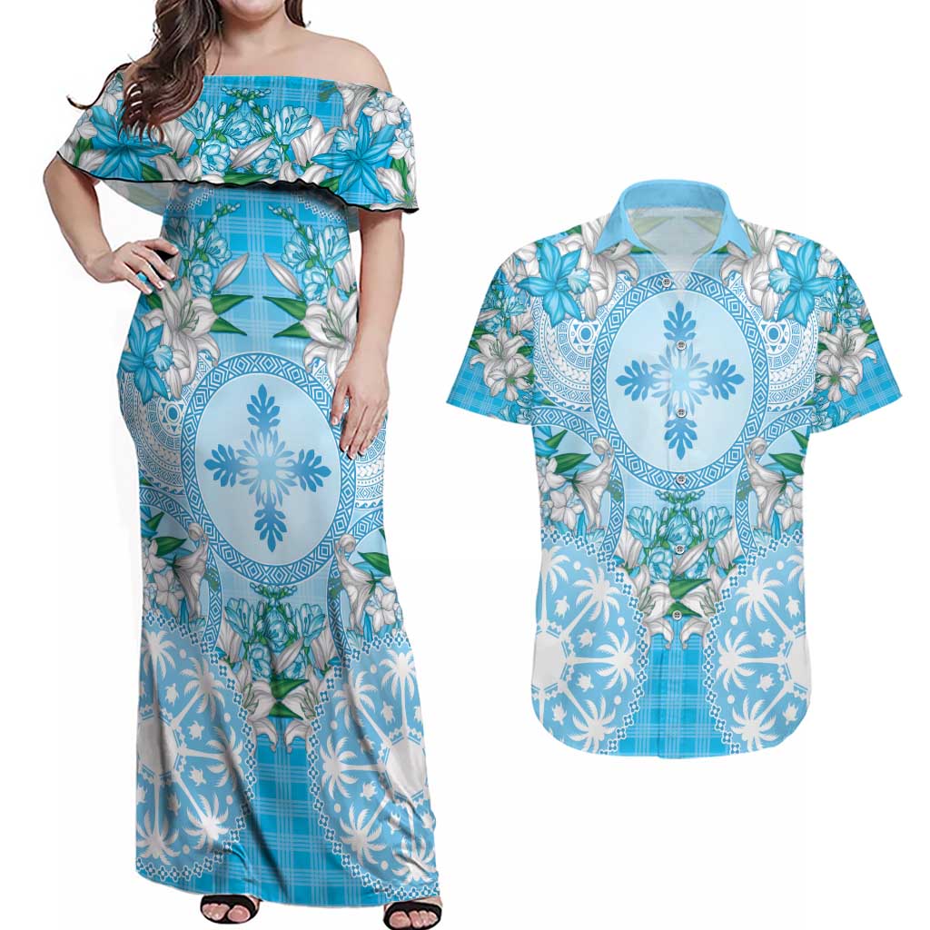 Hawaii Cyan Palaka Couples Matching Off Shoulder Maxi Dress and Hawaiian Shirt With Tapa Pattern Tropical Flowers LT05 Cyan - Polynesian Pride