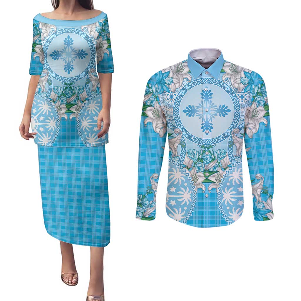 Hawaii Cyan Palaka Couples Matching Puletasi and Long Sleeve Button Shirt With Tapa Pattern Tropical Flowers - Polynesian Pride