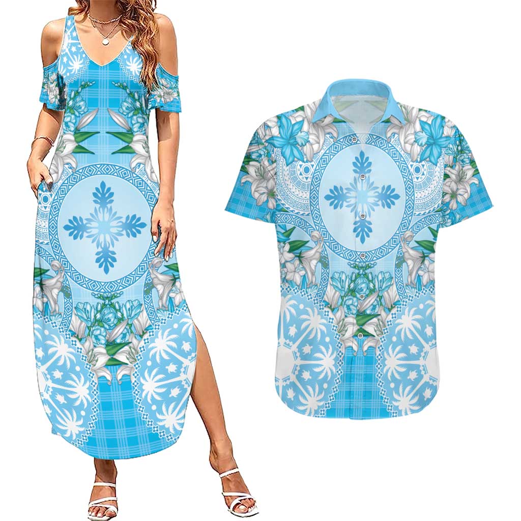 Hawaii Cyan Palaka Couples Matching Summer Maxi Dress and Hawaiian Shirt With Tapa Pattern Tropical Flowers LT05 Cyan - Polynesian Pride