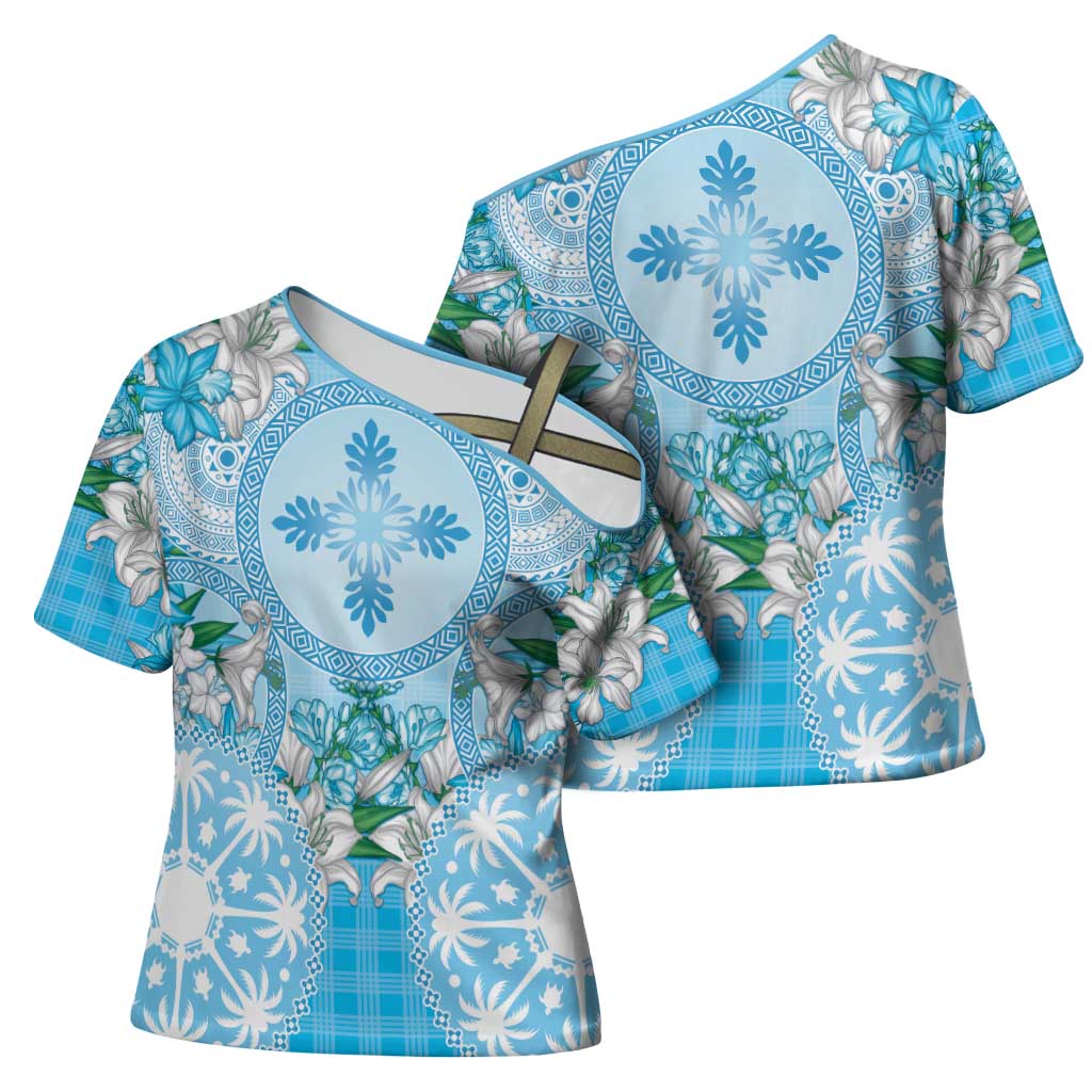 Hawaii Cyan Palaka Cross Shoulder Shirt With Tapa Pattern Tropical Flowers - Polynesian Pride