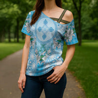 Hawaii Cyan Palaka Cross Shoulder Shirt With Tapa Pattern Tropical Flowers - Polynesian Pride