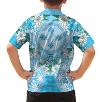 Hawaii Cyan Palaka Family Matching Long Sleeve Bodycon Dress and Hawaiian Shirt With Tapa Pattern Tropical Flowers LT05 - Polynesian Pride