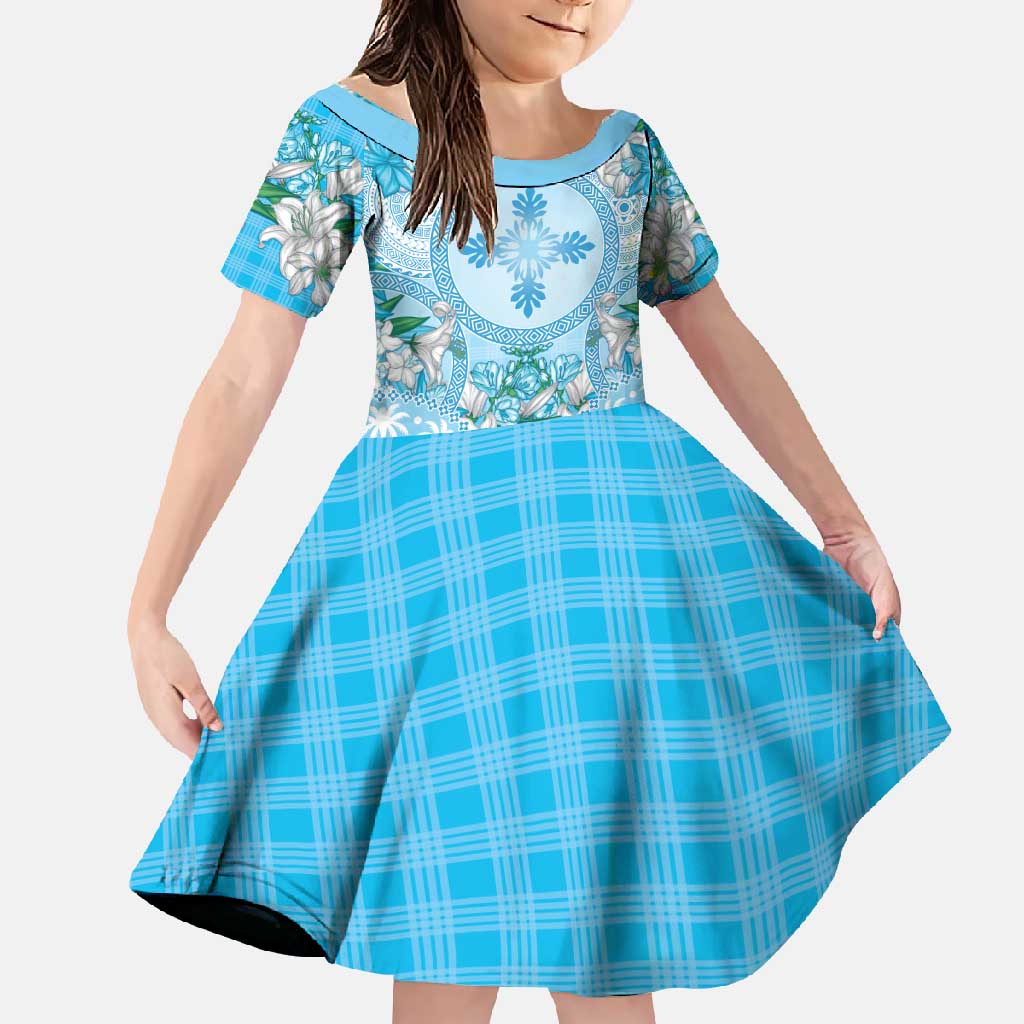 Hawaii Cyan Palaka Family Matching Long Sleeve Bodycon Dress and Hawaiian Shirt With Tapa Pattern Tropical Flowers LT05 Daughter's Dress Cyan - Polynesian Pride