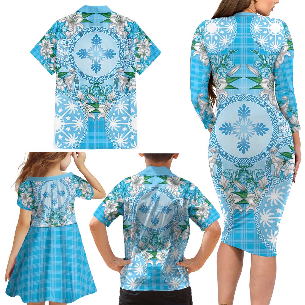 Hawaii Cyan Palaka Family Matching Long Sleeve Bodycon Dress and Hawaiian Shirt With Tapa Pattern Tropical Flowers LT05 - Polynesian Pride