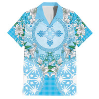 Hawaii Cyan Palaka Family Matching Long Sleeve Bodycon Dress and Hawaiian Shirt With Tapa Pattern Tropical Flowers LT05 Dad's Shirt - Short Sleeve Cyan - Polynesian Pride