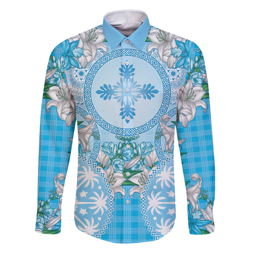 Hawaii Cyan Palaka Family Matching Long Sleeve Bodycon Dress and Hawaiian Shirt With Tapa Pattern Tropical Flowers LT05 Dad's Shirt - Long Sleeve Cyan - Polynesian Pride