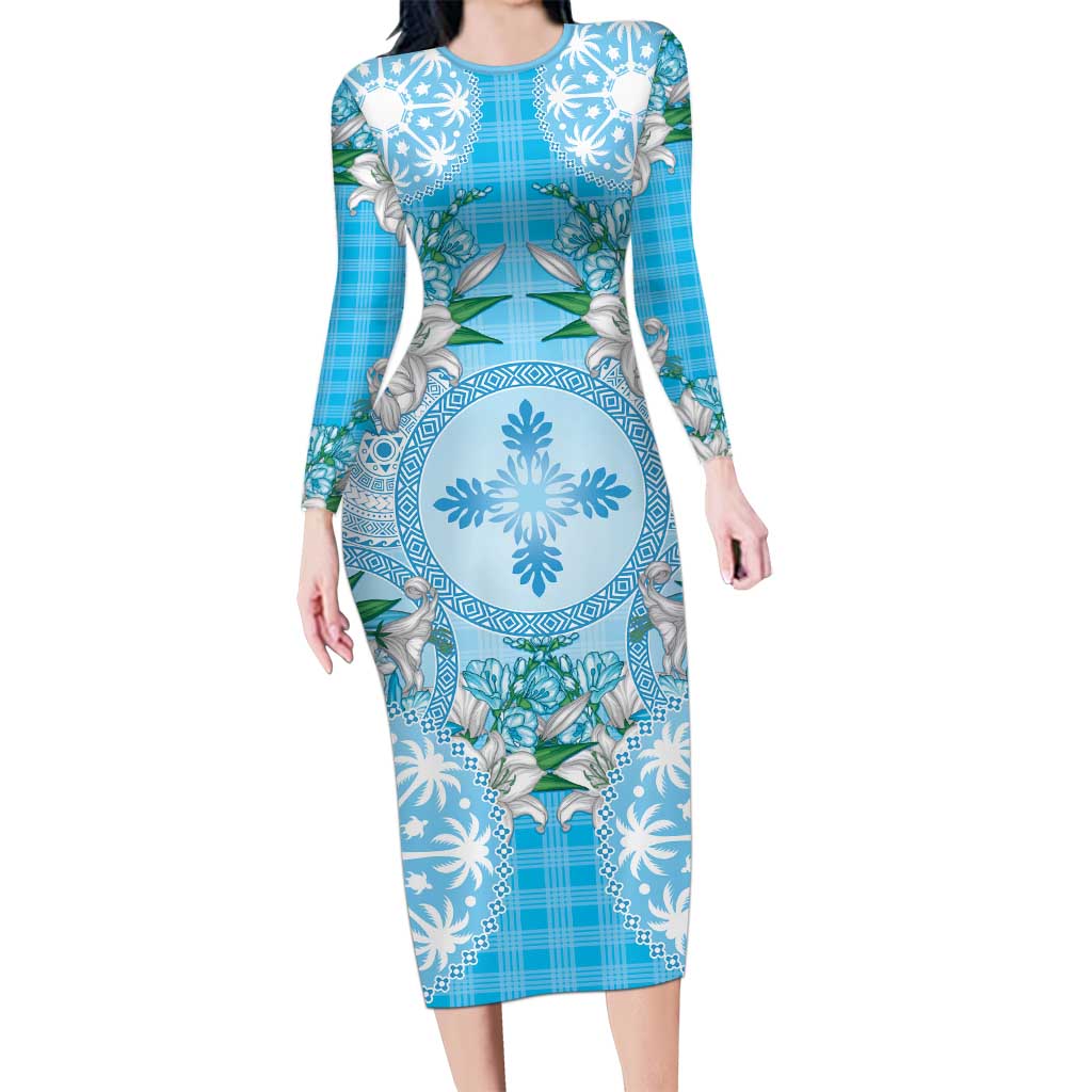 Hawaii Cyan Palaka Family Matching Long Sleeve Bodycon Dress and Hawaiian Shirt With Tapa Pattern Tropical Flowers LT05 Mom's Dress Cyan - Polynesian Pride
