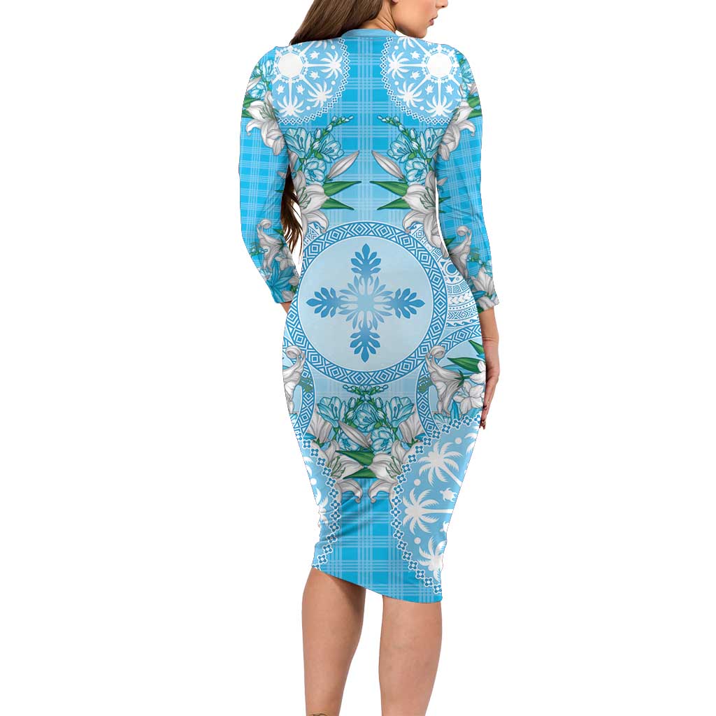 Hawaii Cyan Palaka Family Matching Long Sleeve Bodycon Dress and Hawaiian Shirt With Tapa Pattern Tropical Flowers LT05 - Polynesian Pride