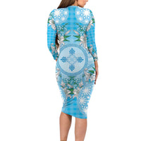 Hawaii Cyan Palaka Family Matching Long Sleeve Bodycon Dress and Hawaiian Shirt With Tapa Pattern Tropical Flowers LT05 - Polynesian Pride