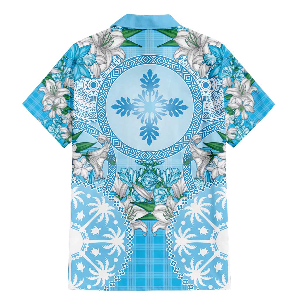 Hawaii Cyan Palaka Family Matching Mermaid Dress and Hawaiian Shirt With Tapa Pattern Tropical Flowers LT05 - Polynesian Pride