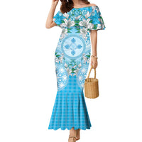 Hawaii Cyan Palaka Family Matching Mermaid Dress and Hawaiian Shirt With Tapa Pattern Tropical Flowers LT05 Mom's Dress Cyan - Polynesian Pride