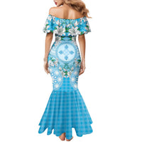Hawaii Cyan Palaka Family Matching Mermaid Dress and Hawaiian Shirt With Tapa Pattern Tropical Flowers LT05 - Polynesian Pride