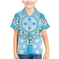 Hawaii Cyan Palaka Family Matching Mermaid Dress and Hawaiian Shirt With Tapa Pattern Tropical Flowers LT05 Son's Shirt Cyan - Polynesian Pride