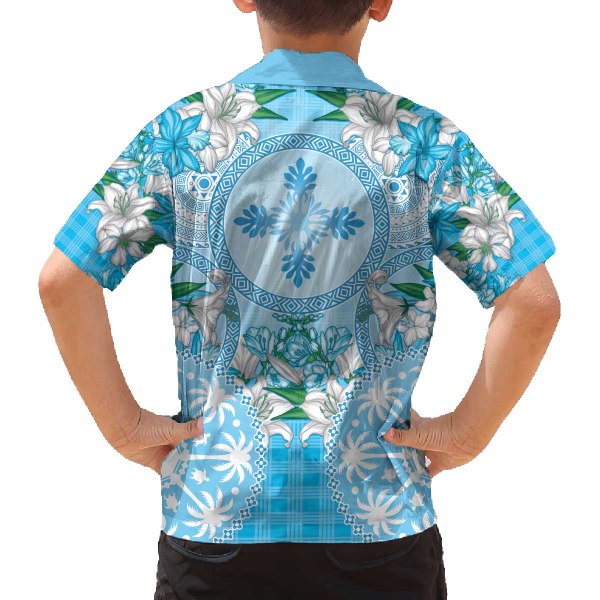 Hawaii Cyan Palaka Family Matching Off The Shoulder Long Sleeve Dress and Hawaiian Shirt With Tapa Pattern Tropical Flowers LT05 - Polynesian Pride