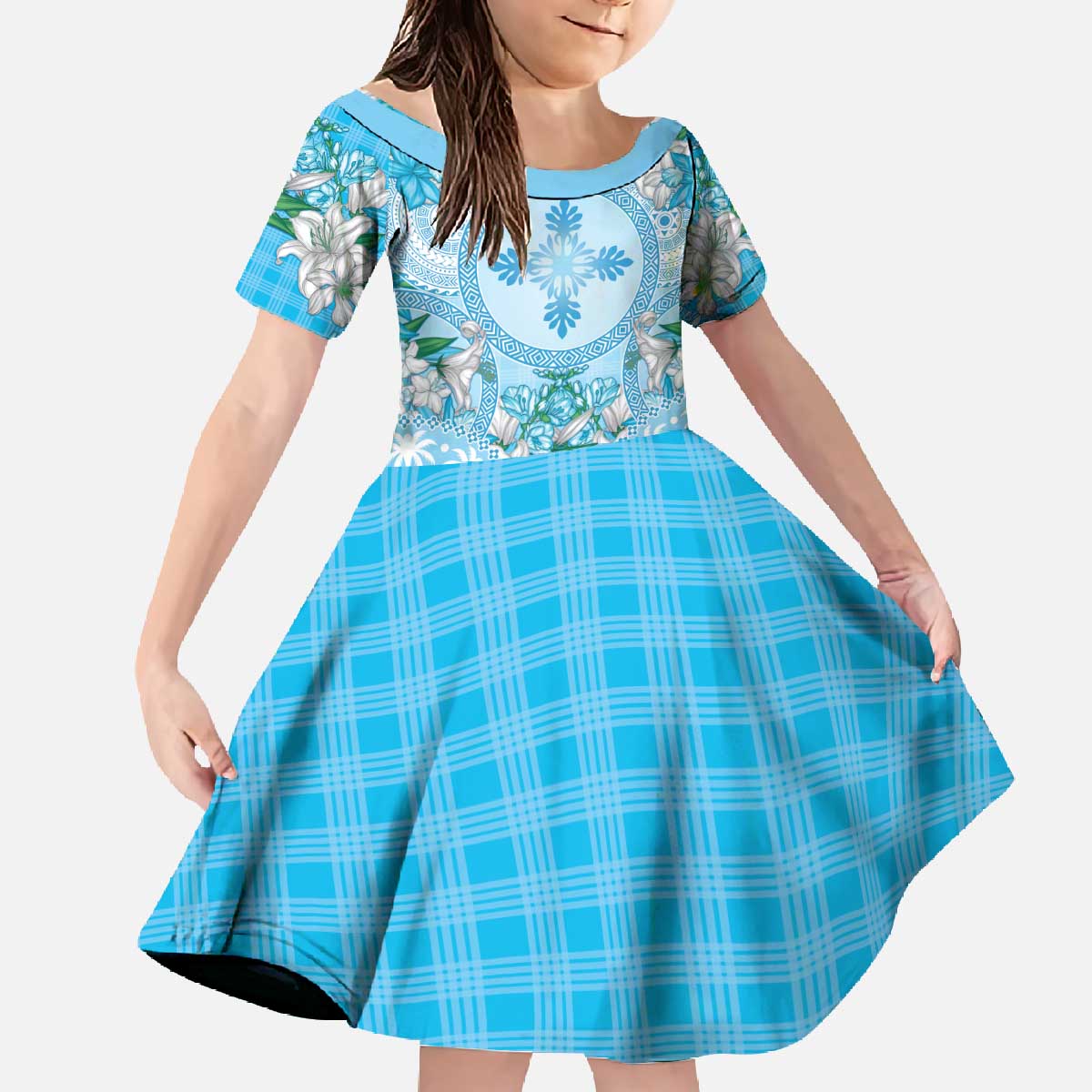 Hawaii Cyan Palaka Family Matching Off The Shoulder Long Sleeve Dress and Hawaiian Shirt With Tapa Pattern Tropical Flowers LT05 Daughter's Dress Cyan - Polynesian Pride