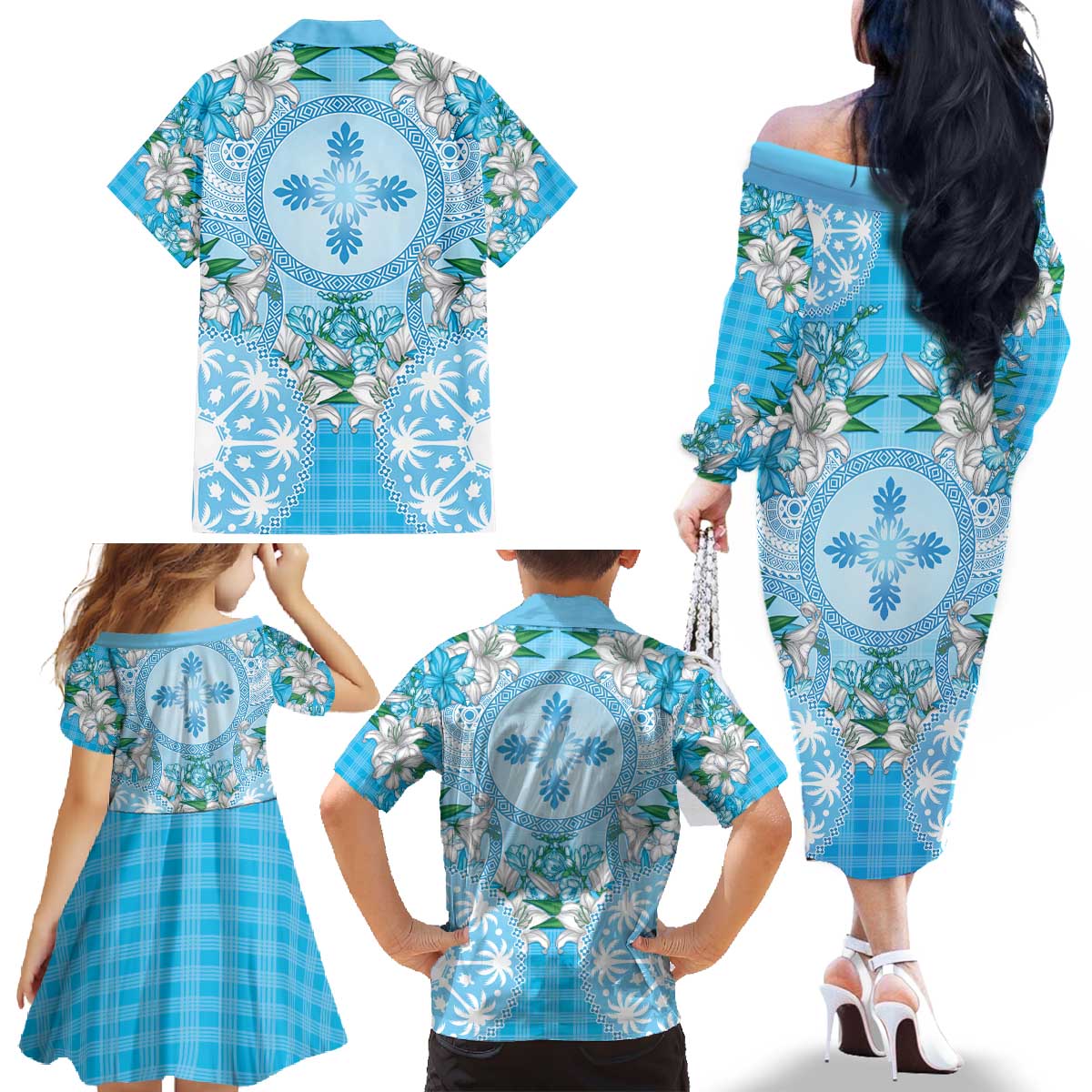 Hawaii Cyan Palaka Family Matching Off The Shoulder Long Sleeve Dress and Hawaiian Shirt With Tapa Pattern Tropical Flowers LT05 - Polynesian Pride