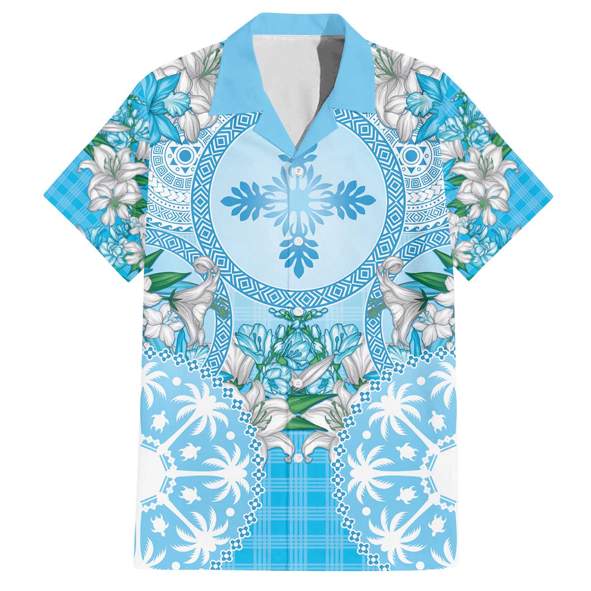 Hawaii Cyan Palaka Family Matching Off The Shoulder Long Sleeve Dress and Hawaiian Shirt With Tapa Pattern Tropical Flowers LT05 Dad's Shirt - Short Sleeve Cyan - Polynesian Pride