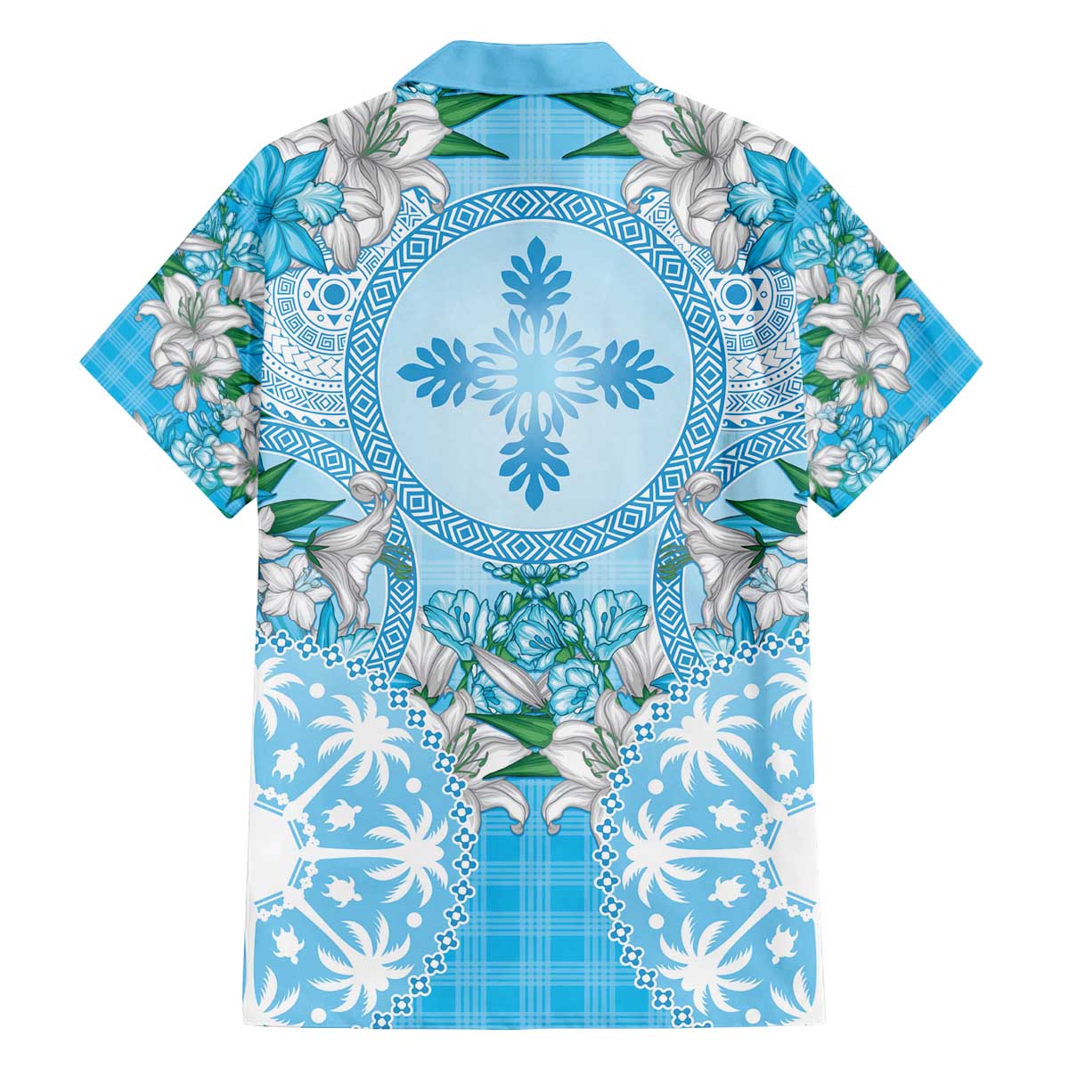 Hawaii Cyan Palaka Family Matching Off The Shoulder Long Sleeve Dress and Hawaiian Shirt With Tapa Pattern Tropical Flowers LT05 - Polynesian Pride