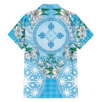 Hawaii Cyan Palaka Family Matching Off The Shoulder Long Sleeve Dress and Hawaiian Shirt With Tapa Pattern Tropical Flowers LT05 - Polynesian Pride
