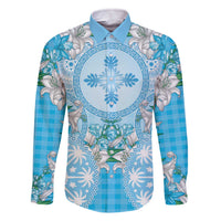 Hawaii Cyan Palaka Family Matching Off The Shoulder Long Sleeve Dress and Hawaiian Shirt With Tapa Pattern Tropical Flowers LT05 Dad's Shirt - Long Sleeve Cyan - Polynesian Pride