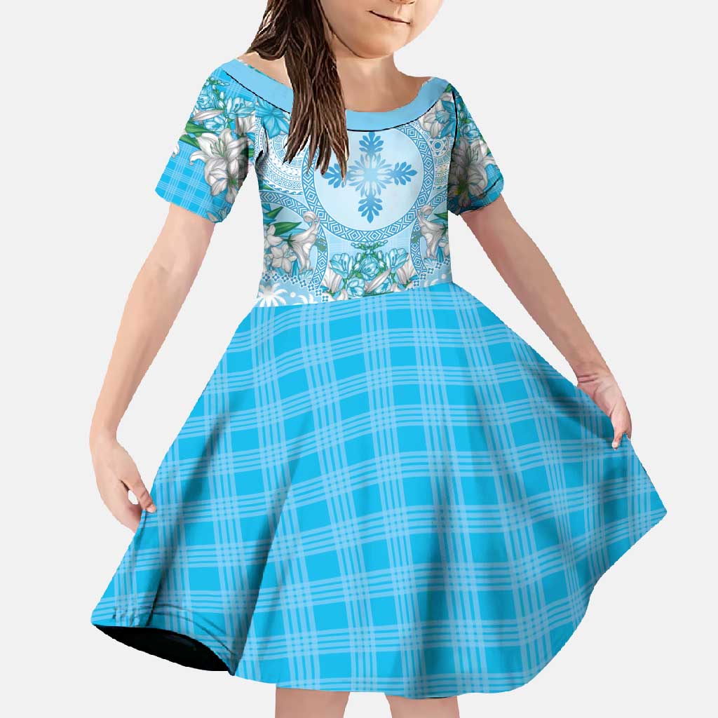 Hawaii Cyan Palaka Family Matching Off Shoulder Maxi Dress and Hawaiian Shirt With Tapa Pattern Tropical Flowers - Polynesian Pride