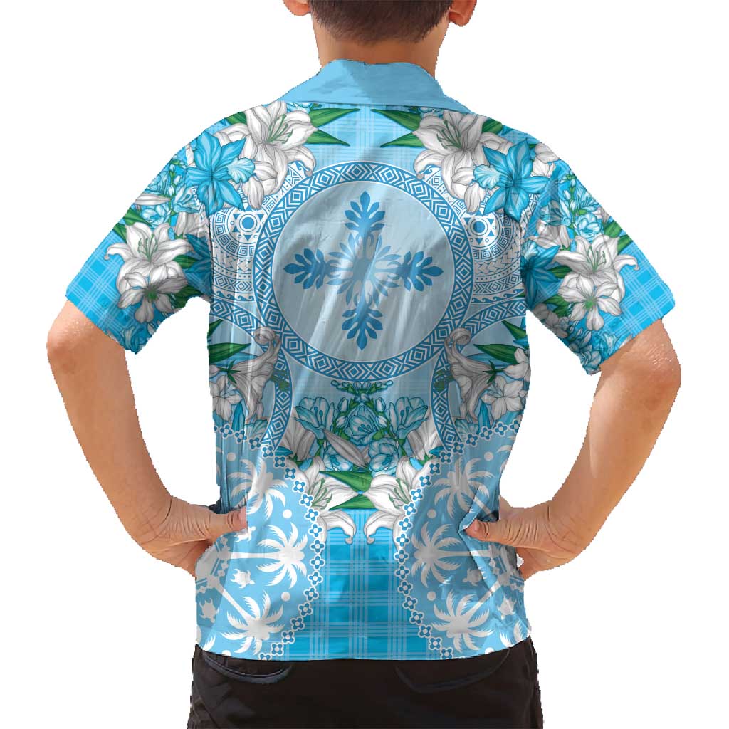 Hawaii Cyan Palaka Family Matching Off Shoulder Short Dress and Hawaiian Shirt With Tapa Pattern Tropical Flowers LT05 - Polynesian Pride