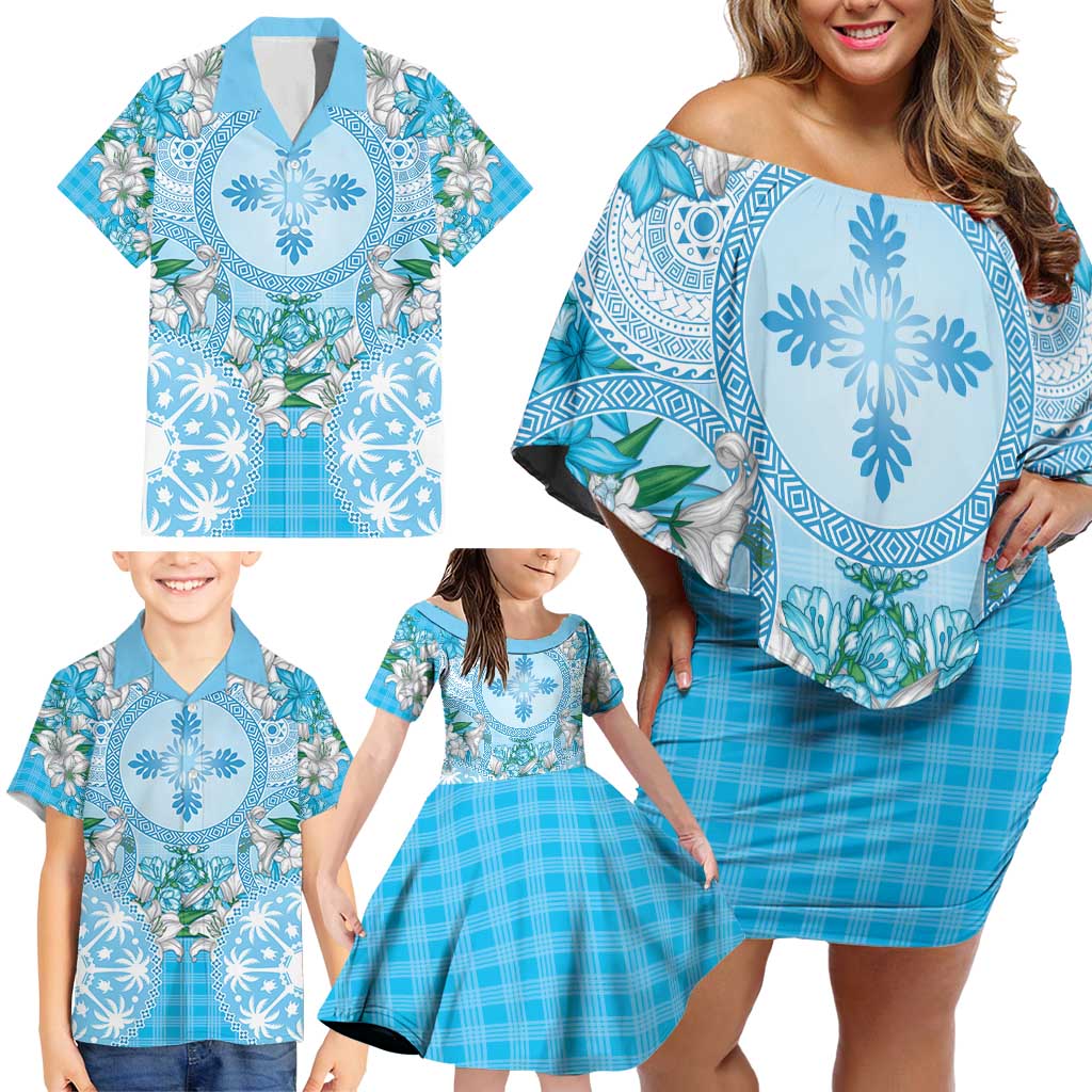 Hawaii Cyan Palaka Family Matching Off Shoulder Short Dress and Hawaiian Shirt With Tapa Pattern Tropical Flowers LT05 - Polynesian Pride