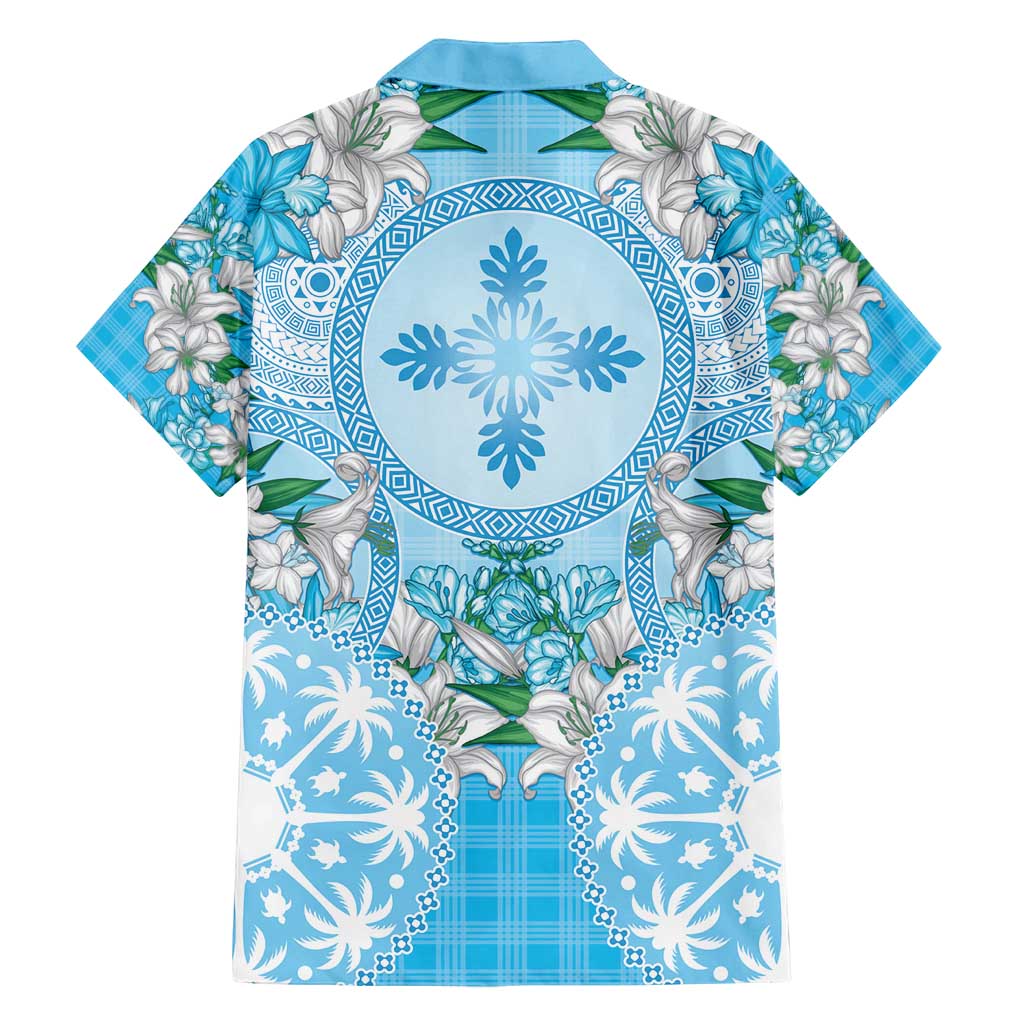 Hawaii Cyan Palaka Family Matching Off Shoulder Short Dress and Hawaiian Shirt With Tapa Pattern Tropical Flowers LT05 - Polynesian Pride