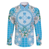 Hawaii Cyan Palaka Family Matching Off Shoulder Short Dress and Hawaiian Shirt With Tapa Pattern Tropical Flowers LT05 Dad's Shirt - Long Sleeve Cyan - Polynesian Pride