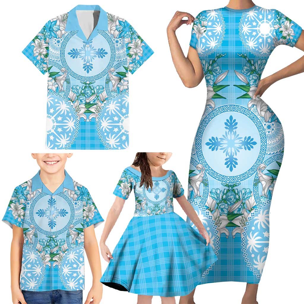 Hawaii Cyan Palaka Family Matching Short Sleeve Bodycon Dress and Hawaiian Shirt With Tapa Pattern Tropical Flowers LT05 - Polynesian Pride