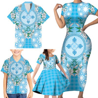 Hawaii Cyan Palaka Family Matching Short Sleeve Bodycon Dress and Hawaiian Shirt With Tapa Pattern Tropical Flowers LT05 - Polynesian Pride