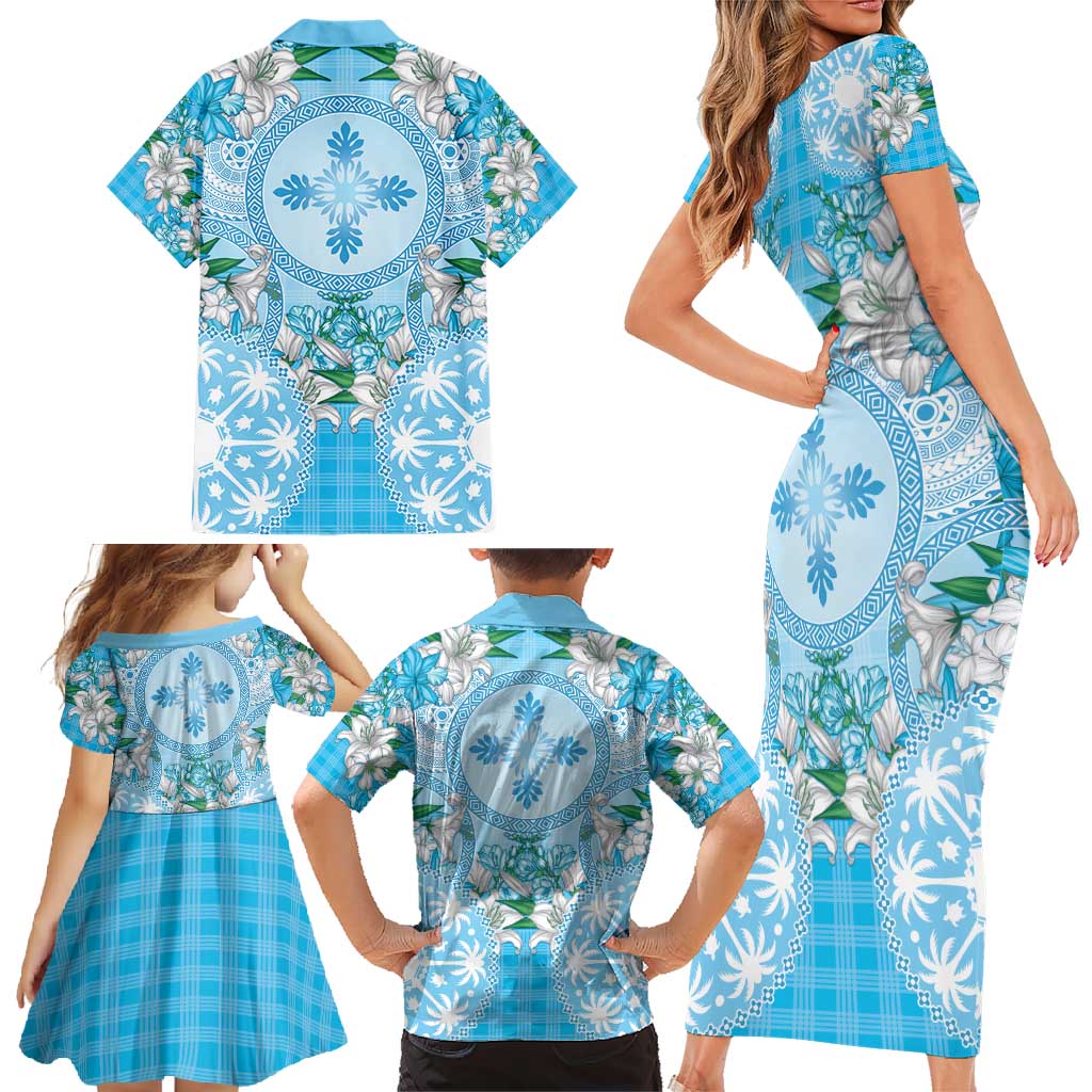 Hawaii Cyan Palaka Family Matching Short Sleeve Bodycon Dress and Hawaiian Shirt With Tapa Pattern Tropical Flowers LT05 - Polynesian Pride