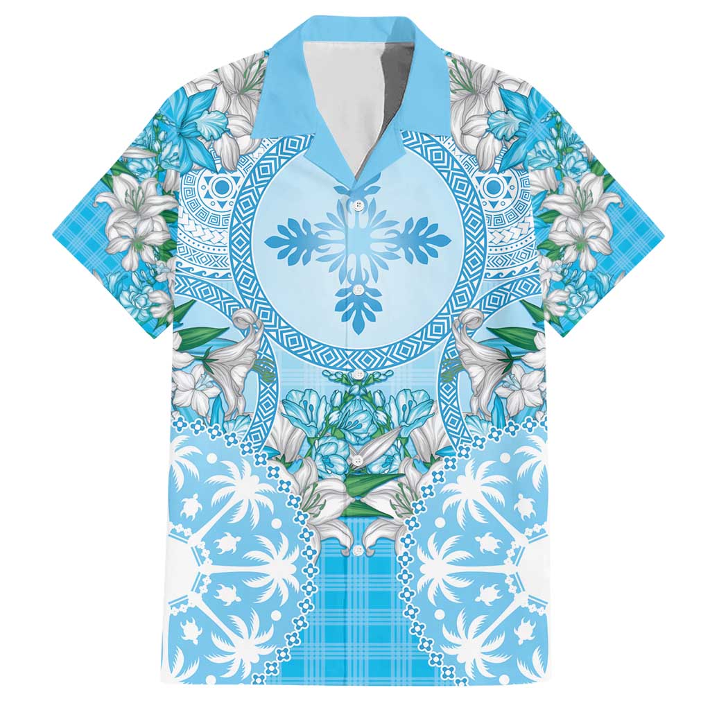 Hawaii Cyan Palaka Family Matching Short Sleeve Bodycon Dress and Hawaiian Shirt With Tapa Pattern Tropical Flowers LT05 Dad's Shirt - Short Sleeve Cyan - Polynesian Pride