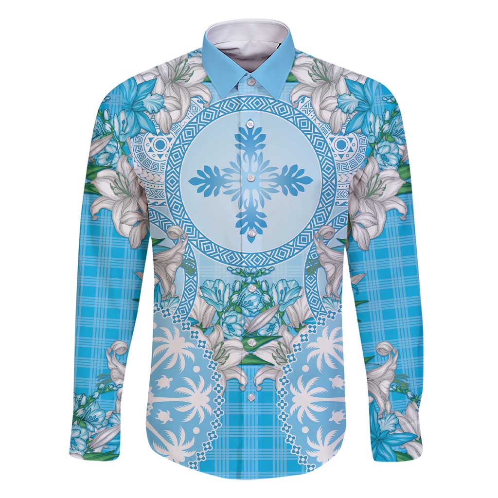 Hawaii Cyan Palaka Family Matching Short Sleeve Bodycon Dress and Hawaiian Shirt With Tapa Pattern Tropical Flowers LT05 Dad's Shirt - Long Sleeve Cyan - Polynesian Pride