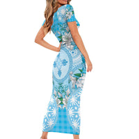 Hawaii Cyan Palaka Family Matching Short Sleeve Bodycon Dress and Hawaiian Shirt With Tapa Pattern Tropical Flowers LT05 - Polynesian Pride