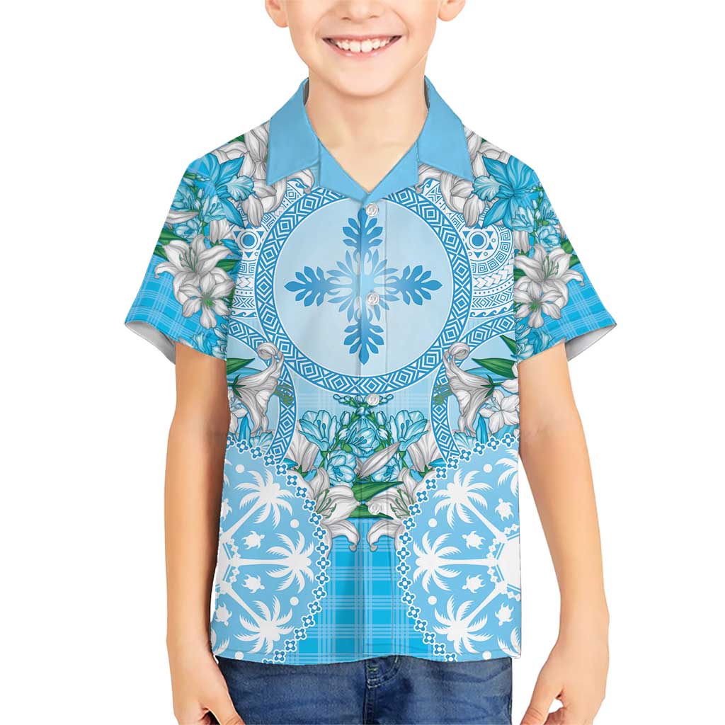 Hawaii Cyan Palaka Family Matching Short Sleeve Bodycon Dress and Hawaiian Shirt With Tapa Pattern Tropical Flowers LT05 Son's Shirt Cyan - Polynesian Pride
