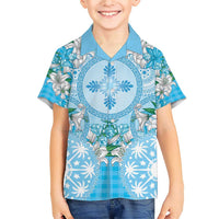 Hawaii Cyan Palaka Family Matching Short Sleeve Bodycon Dress and Hawaiian Shirt With Tapa Pattern Tropical Flowers LT05 Son's Shirt Cyan - Polynesian Pride