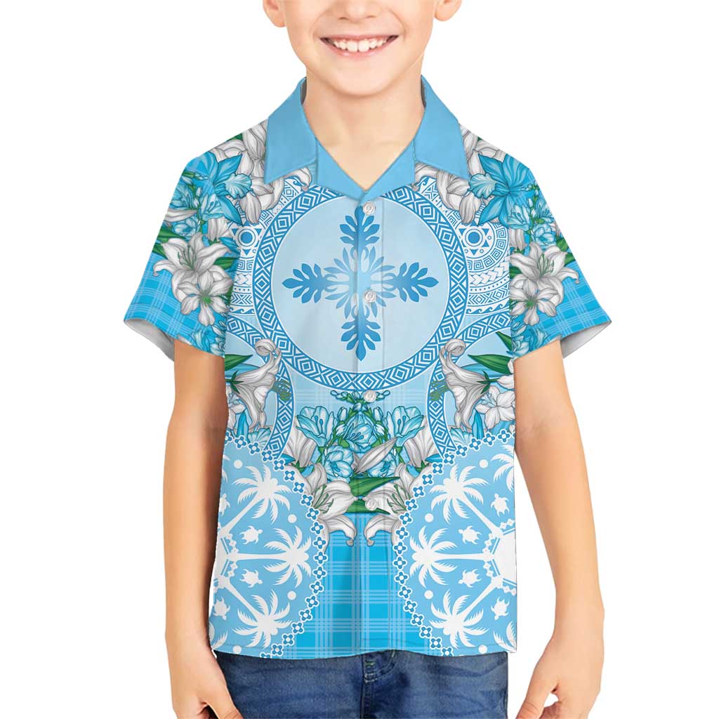 Hawaii Cyan Palaka Family Matching Summer Maxi Dress and Hawaiian Shirt With Tapa Pattern Tropical Flowers - Polynesian Pride