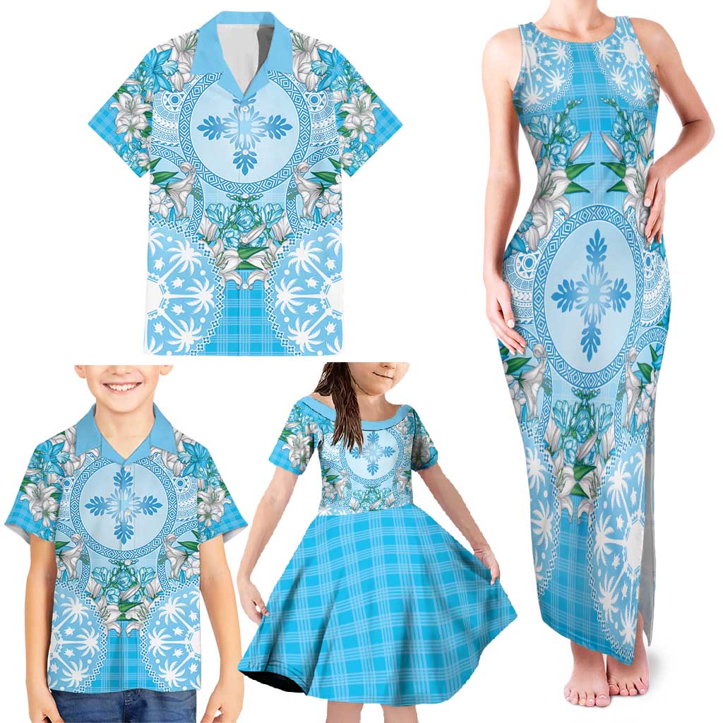 Hawaii Cyan Palaka Family Matching Tank Maxi Dress and Hawaiian Shirt With Tapa Pattern Tropical Flowers LT05 - Polynesian Pride