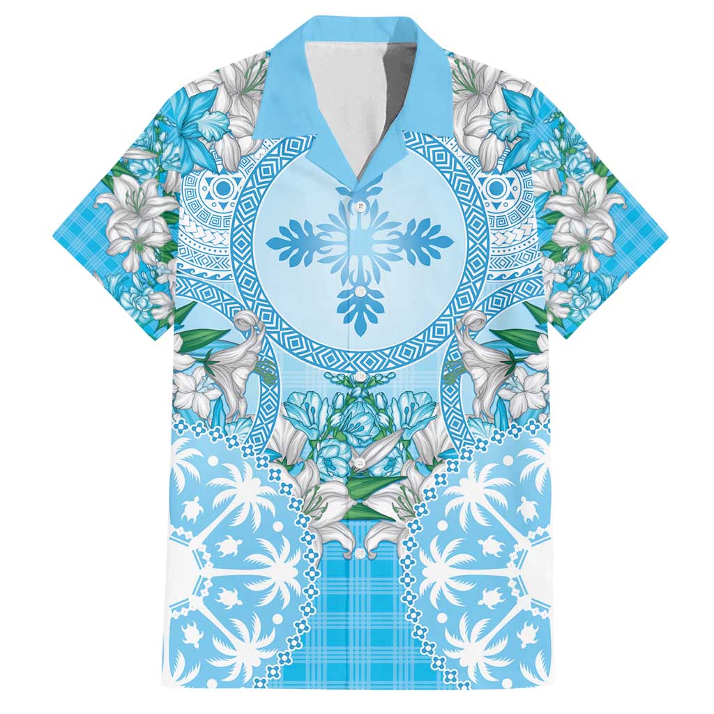 Hawaii Cyan Palaka Family Matching Tank Maxi Dress and Hawaiian Shirt With Tapa Pattern Tropical Flowers LT05 Dad's Shirt - Short Sleeve Cyan - Polynesian Pride