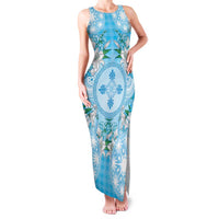 Hawaii Cyan Palaka Family Matching Tank Maxi Dress and Hawaiian Shirt With Tapa Pattern Tropical Flowers LT05 Mom's Dress Cyan - Polynesian Pride