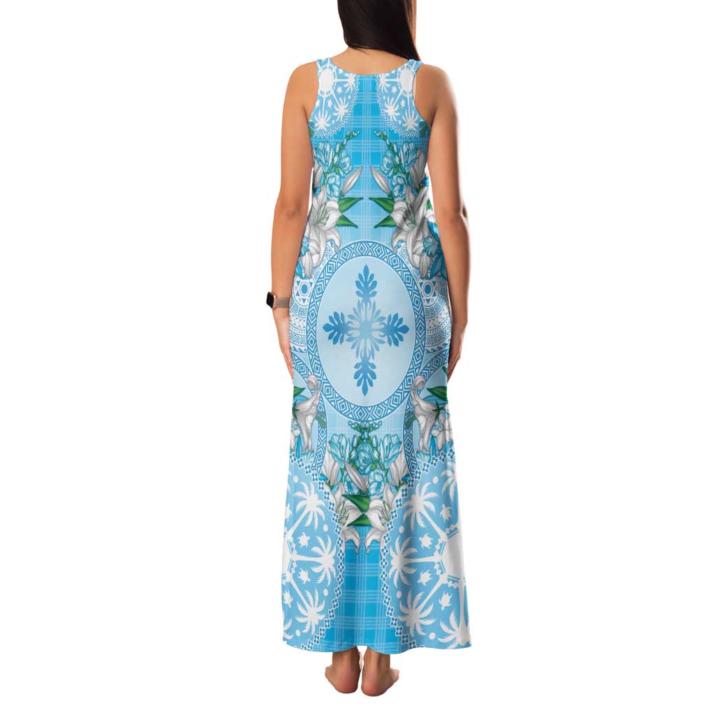 Hawaii Cyan Palaka Family Matching Tank Maxi Dress and Hawaiian Shirt With Tapa Pattern Tropical Flowers LT05 - Polynesian Pride