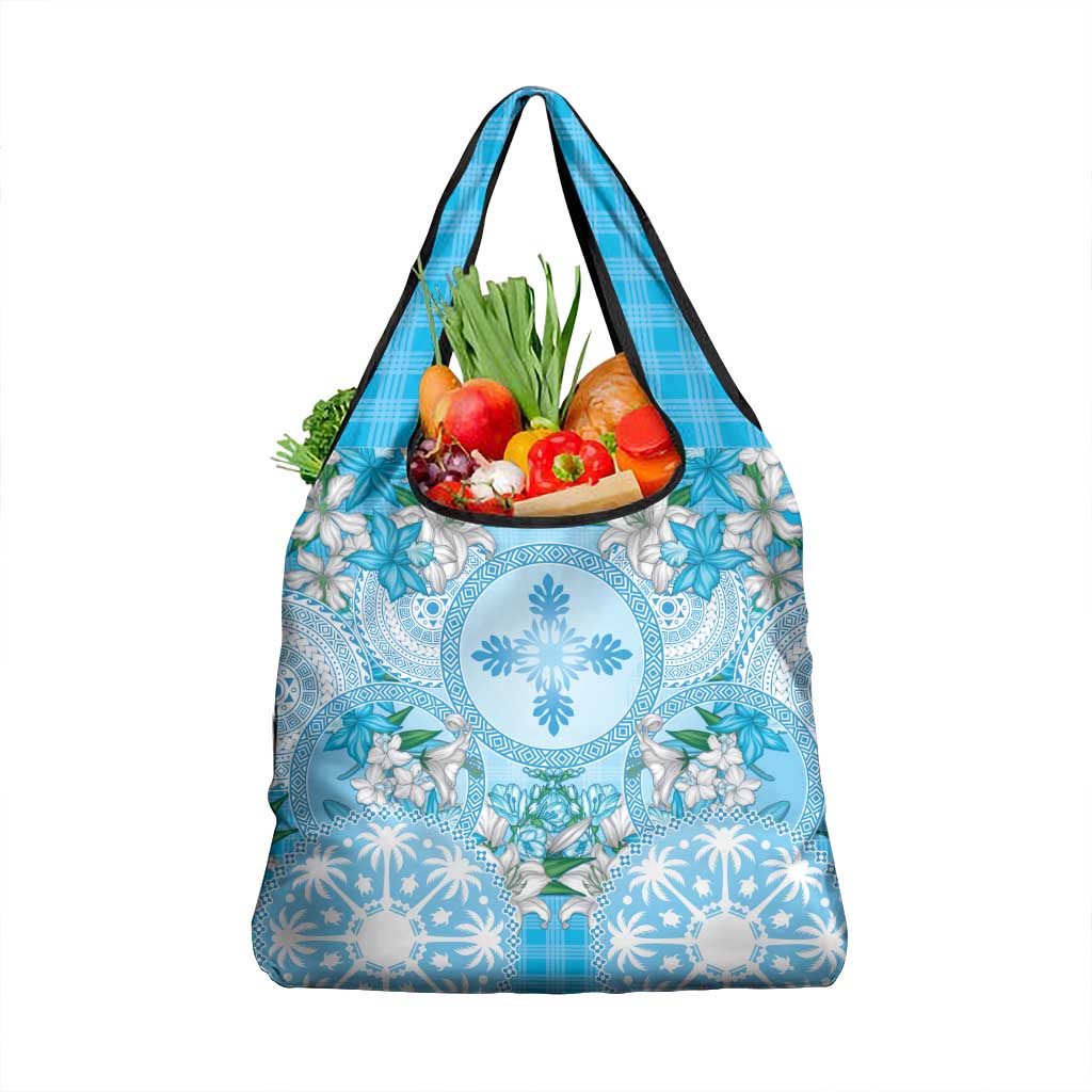 Hawaii Cyan Palaka Grocery Bag With Tapa Pattern Tropical Flowers - Polynesian Pride