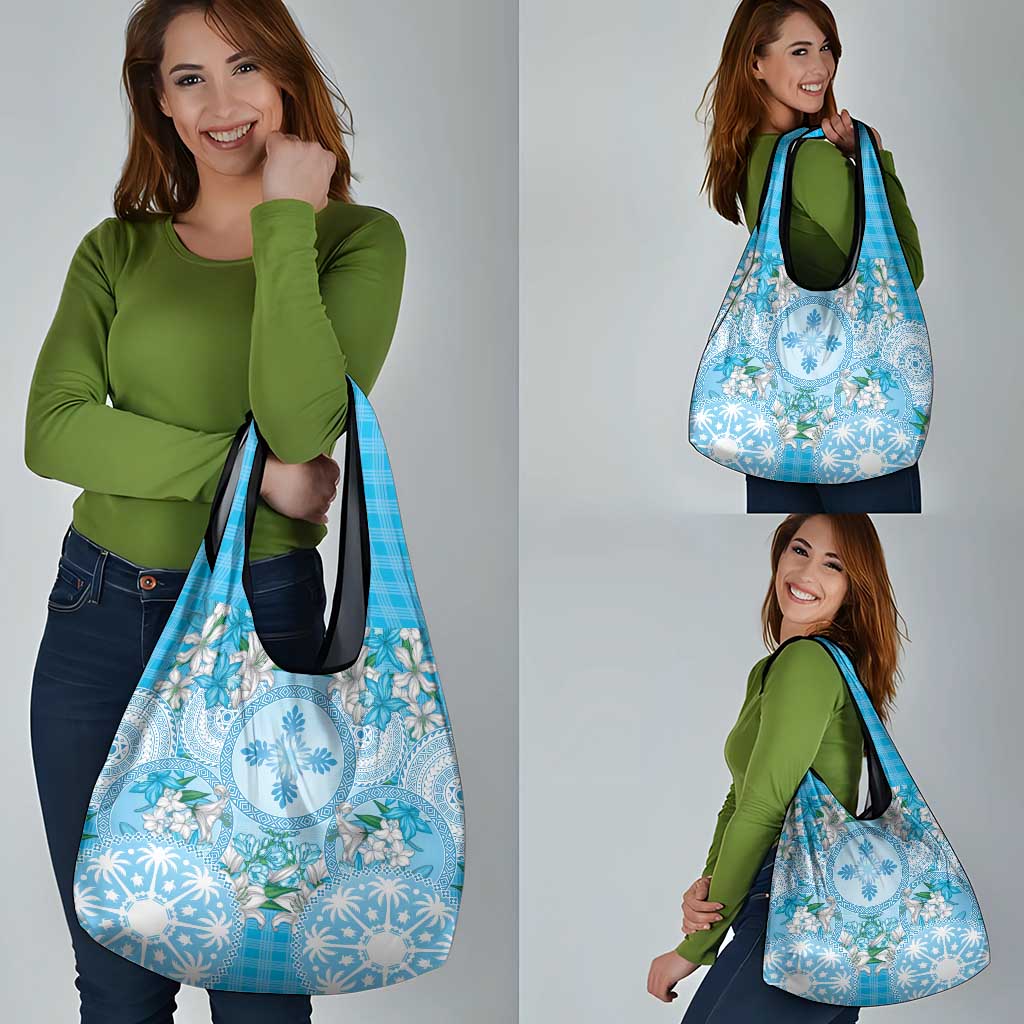 Hawaii Cyan Palaka Grocery Bag With Tapa Pattern Tropical Flowers - Polynesian Pride