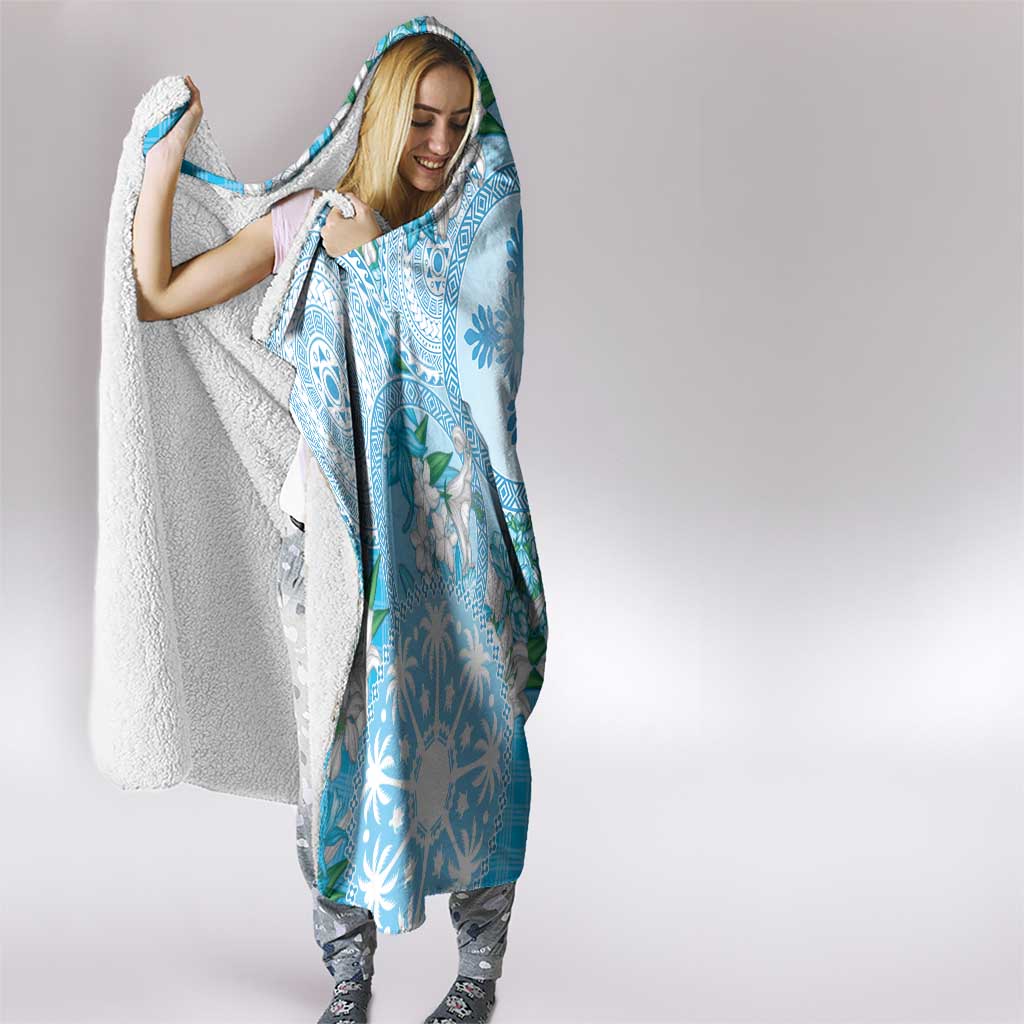 Hawaii Cyan Palaka Hooded Blanket With Tapa Pattern Tropical Flowers - Polynesian Pride