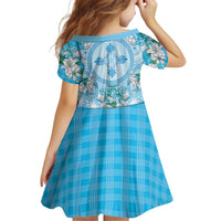 Hawaii Cyan Palaka Kid Short Sleeve Dress With Tapa Pattern Tropical Flowers - Polynesian Pride